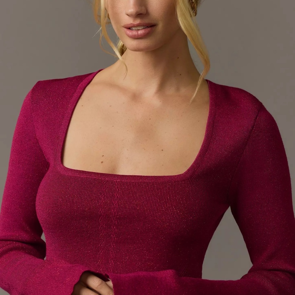 NWT Anthropologie Maeve Square-Neck Bell-Sleeve Sweater Small Pink Sparkle